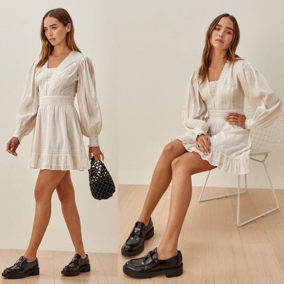 Reformation Dress Elisabetta Lace Long-Sleeve Cotton Mini Peasant Cream 10 EUC - Picture 10 of 10